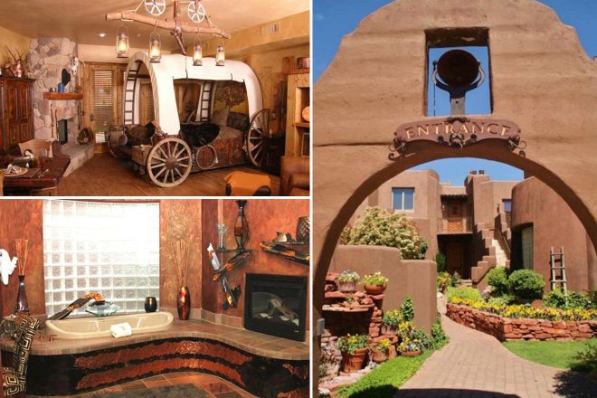A collage of three unique lodging options in Sedona: an imaginative Southwestern-themed room with a covered wagon bed and antique decor, an opulent bathroom boasting a sculpted tub and artistic fireplace, and an inviting adobe-style entrance with a distinctive bell tower and vibrant garden pathway